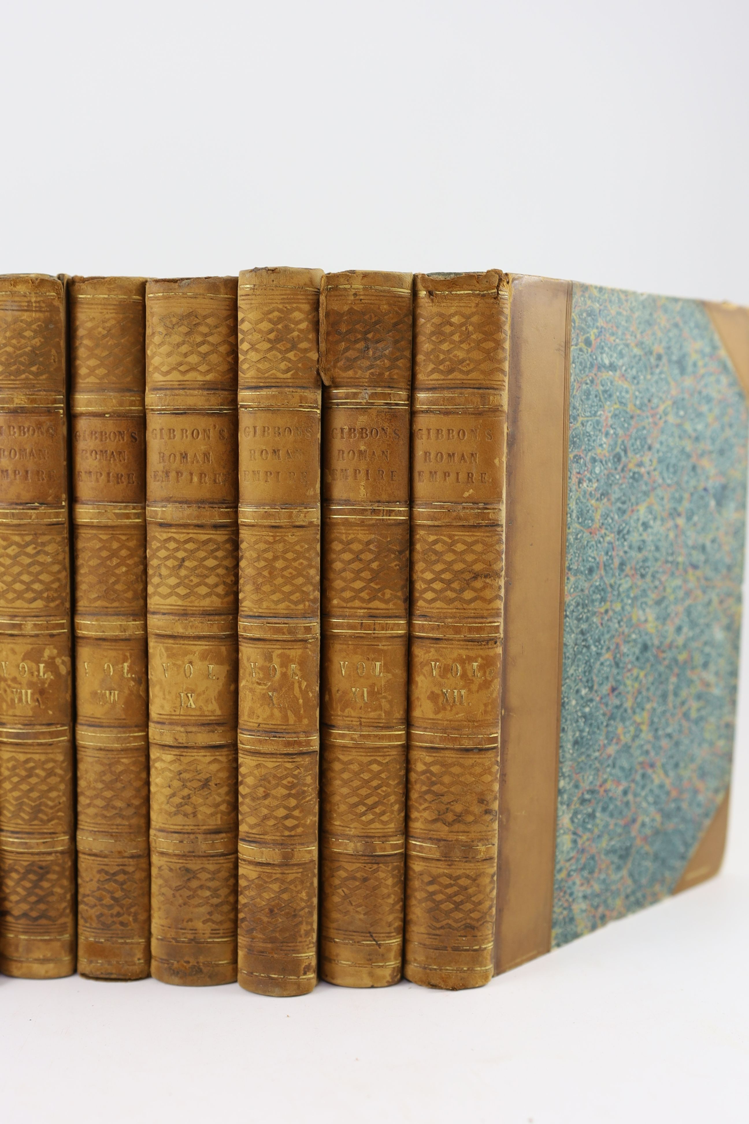 Gibbon, Edward - The History of the Decline and Fall of the Roman Empire, 12 vols, 8vo, half calf, with portrait frontispiece and 2 folding maps, frontis and titles browned, maps spotted, lacking most titling labels, Lon